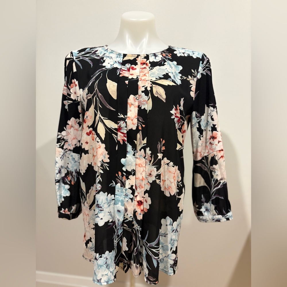 Karl Lagerfeld Black Floral Pleated Blouse with Pastel Blooms